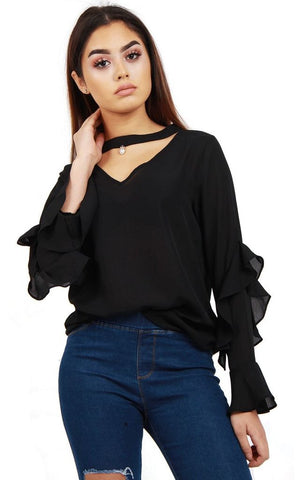Chiffon Ruffle Sleeve Cut Out Neck Blouse Top