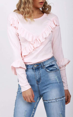 Cross Over Ruffle Detail Long Sleeve Jumper Top