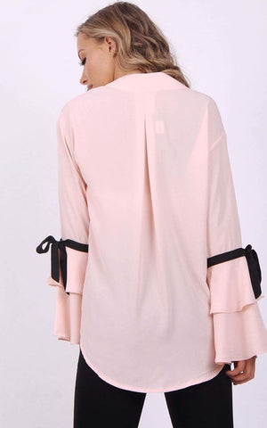 Ribbon Detail Sleeve Floaty Wrap Front Top