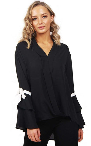Ribbon Detail Sleeve Floaty Wrap Front Top