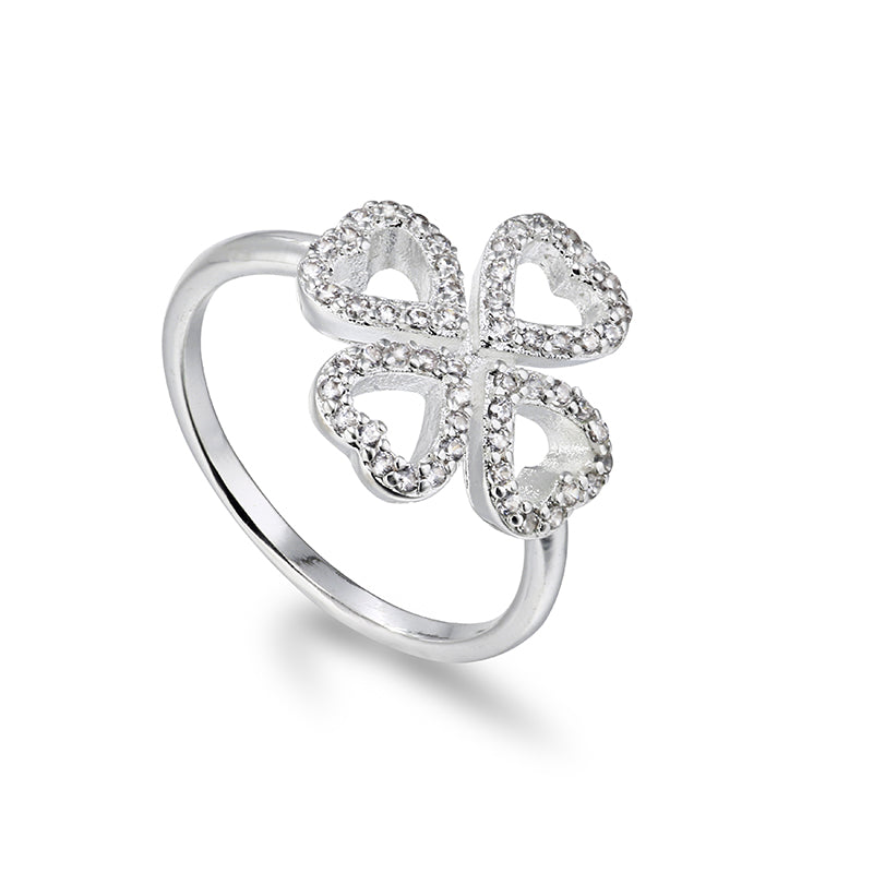 Four Hearts Clover Diamond Silver Ring