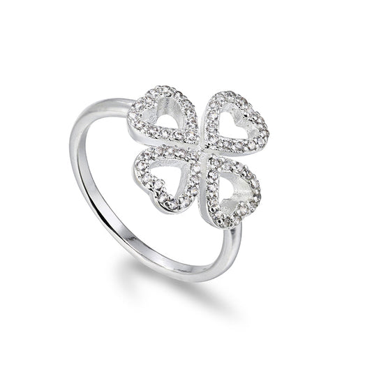 Four Hearts Clover Diamond Silver Ring