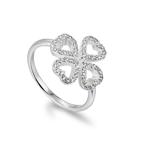 Four Hearts Clover Diamond Silver Ring