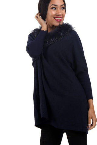 Oversized Fur Trim Collar Knitted Jumper