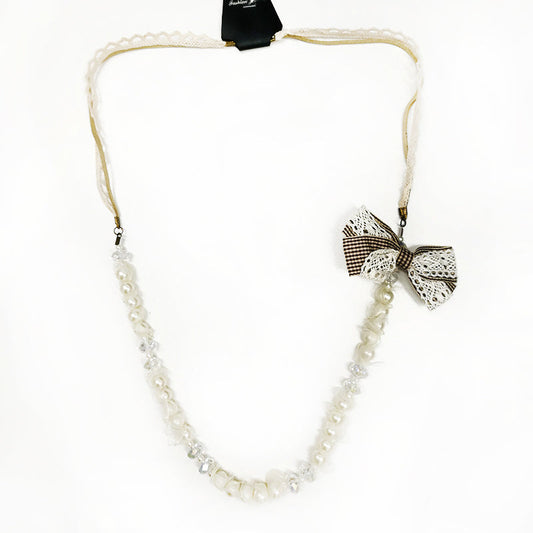 Beaded Pearl Long Necklace With Bow - White