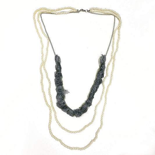 Pearl Triple Chain Long Necklace - Grey