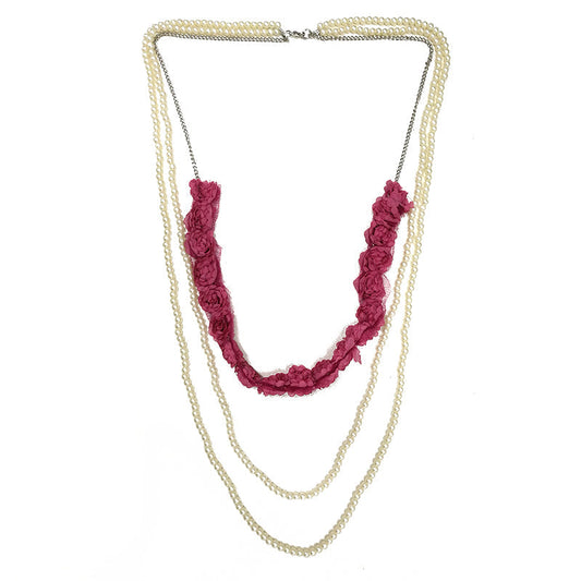Pearl Triple Chain Long Necklace - Pink
