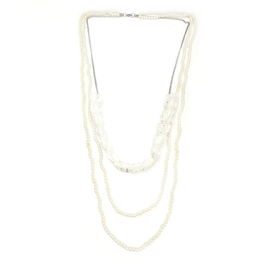 Pearl Triple Chain Long Necklace - White