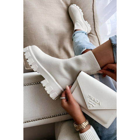 Beige Chunky Sock Ankle Boots – Stretch Knit Booties with Thick Sole