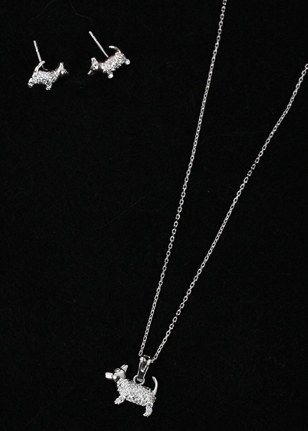 Mini Dog Cubic Zirconia Necklace & Earring Sets in Silver
