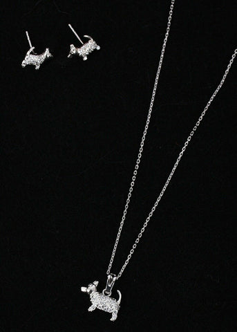 Mini Dog Cubic Zirconia Necklace & Earring Sets in Silver