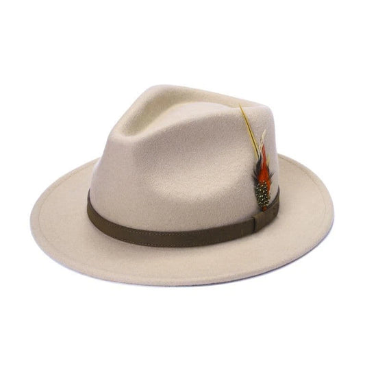 Mens Ladies Fedora Hat Wide Brim Wool Beige with Feather