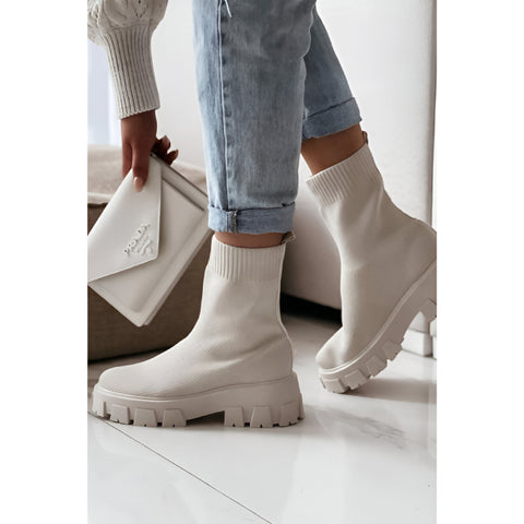 Beige Chunky Sock Ankle Boots – Stretch Knit Booties with Thick Sole