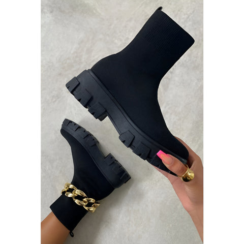 Beige Chunky Sock Ankle Boots – Stretch Knit Booties with Thick Sole