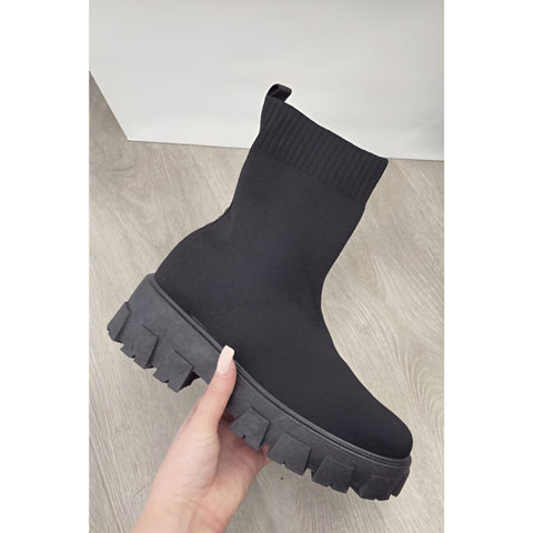 Beige Chunky Sock Ankle Boots – Stretch Knit Booties with Thick Sole