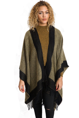 Border Block Blanket Cape with Fringe