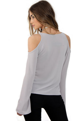 Cold Shoulder Embellished Neckline Bell Sleeve Top