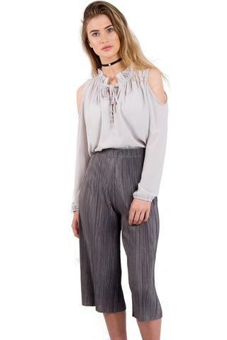 Cold Shoulder Top with Ruffle Collar and Tie Front