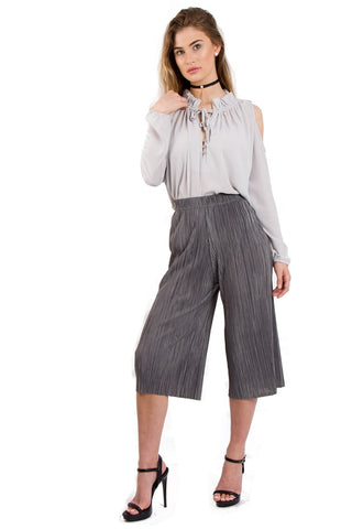 Cold Shoulder Top with Ruffle Collar and Tie Front