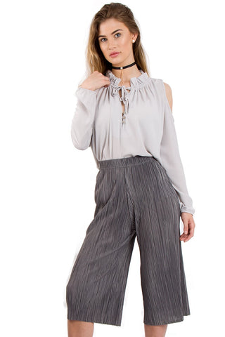 Cold Shoulder Top with Ruffle Collar and Tie Front