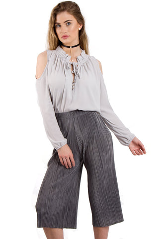 Cold Shoulder Top with Ruffle Collar and Tie Front