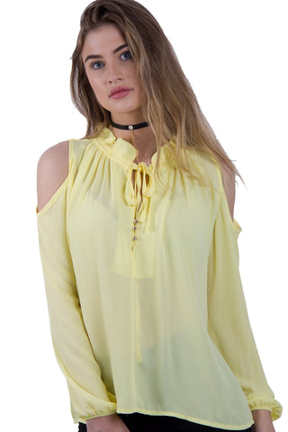 Cold Shoulder Top with Ruffle Collar and Tie Front