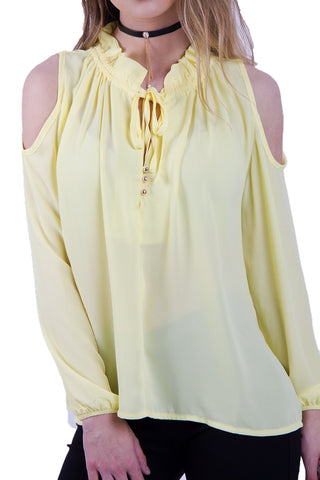 Cold Shoulder Top with Ruffle Collar and Tie Front