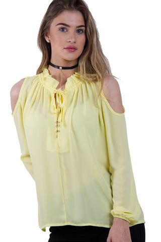 Cold Shoulder Top with Ruffle Collar and Tie Front