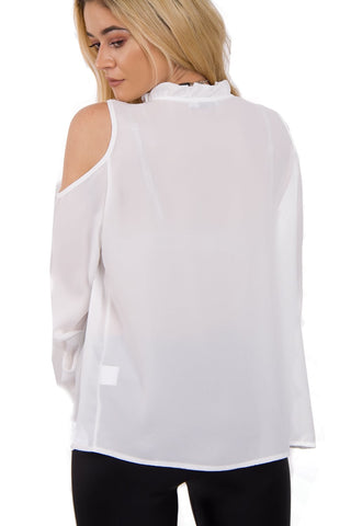 Cold Shoulder Top with Ruffle Collar and Tie Front