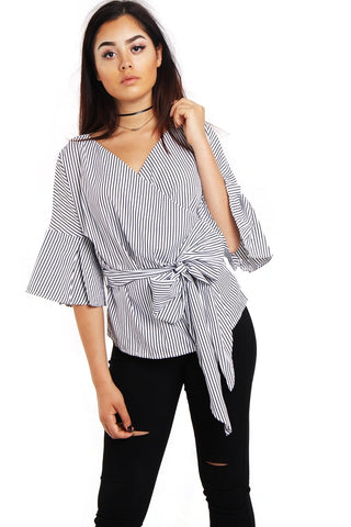 Cross Front Ruffle Sleeve Pin Stripe Bow Top
