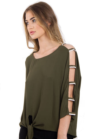 Cut Out Sleeves Top with Tie Front