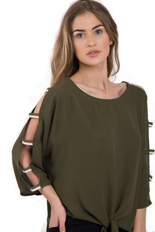 Cut Out Sleeves Top with Tie Front