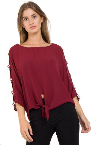 Cut Out Sleeves Top with Tie Front