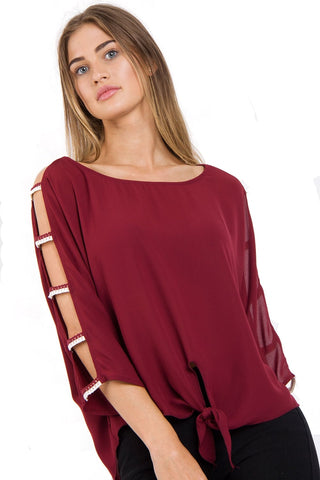 Cut Out Sleeves Top with Tie Front