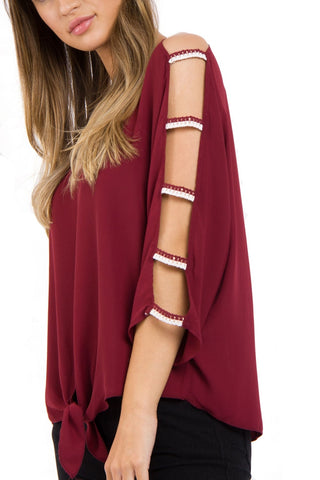 Cut Out Sleeves Top with Tie Front
