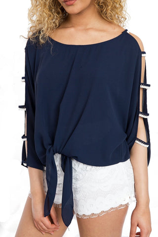 Cut Out Sleeves Top with Tie Front