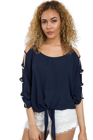 Cut Out Sleeves Top with Tie Front
