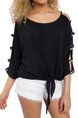 Cut Out Sleeves Top with Tie Front
