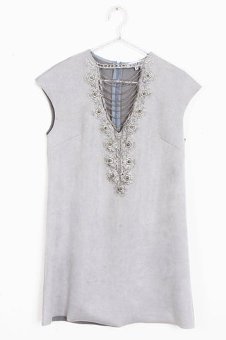 Faux Suede A- Line Swing  60's Style Capped Beaded Neck Sleeve Dress