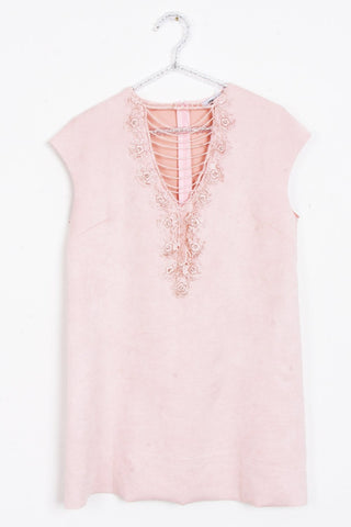 Faux Suede A- Line Swing  60's Style Capped Beaded Neck Sleeve Dress