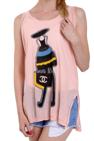 Fashion Illustration Print Sleeveless Knitted Top With Side Split in Pink