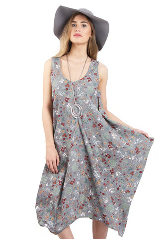 Grey Flower Print Drawstring Oversized Dress