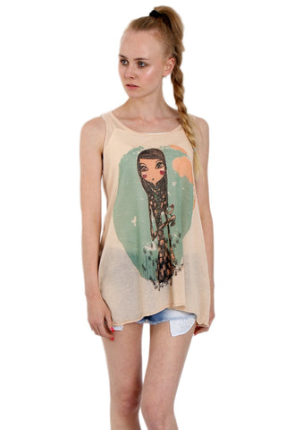Illustration Girl Print Sleeveless Longline Knitted Top