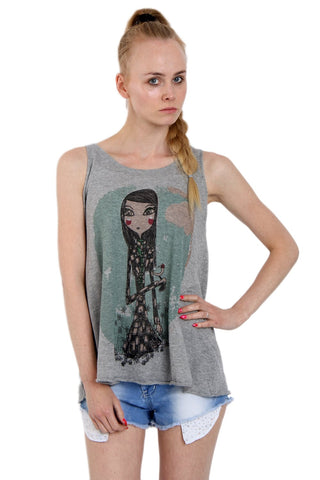 Illustration Girl Print Sleeveless Longline Knitted Top