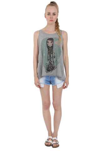 Illustration Girl Print Sleeveless Longline Knitted Top