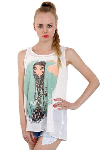 Illustration Girl Print Sleeveless Longline Knitted Top