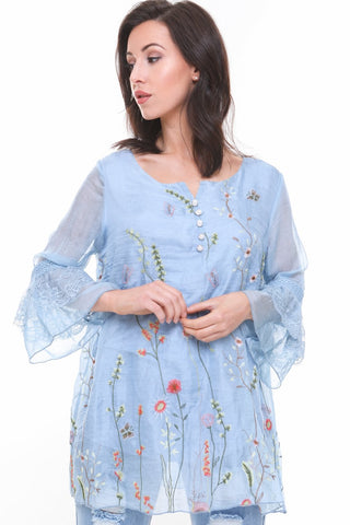 Lace insert Floarty Ruffle Sleeve Floral Embroidered Button Blouse Top