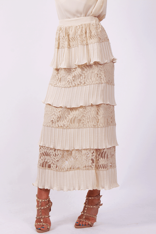Lace Pleated Ruffle Maxi Skirt and Blouse Top Co-Ord Set