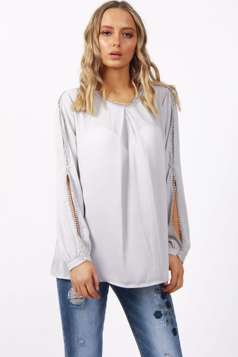 Lace Trim Split Arm Detail Floaty Blouse Top