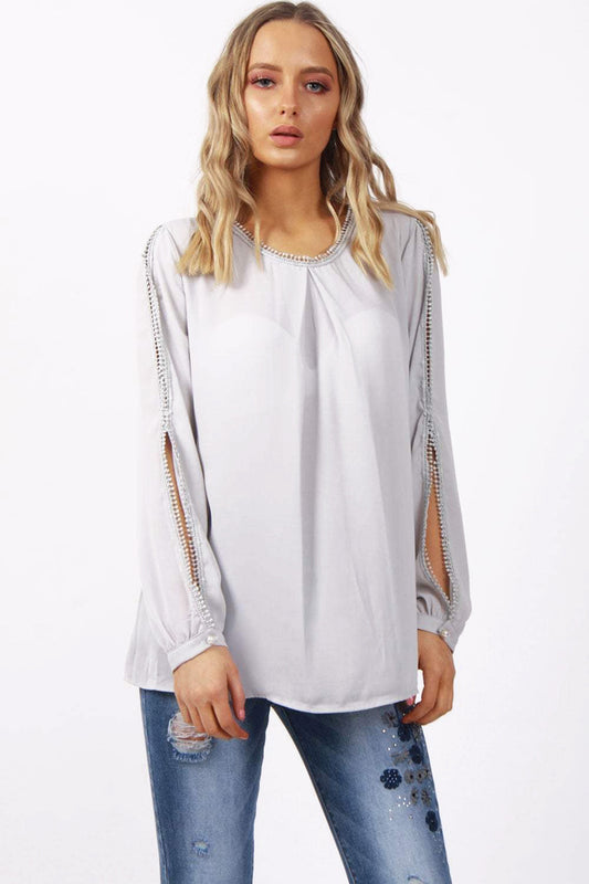 Lace Trim Split Arm Detail Floaty Blouse Top